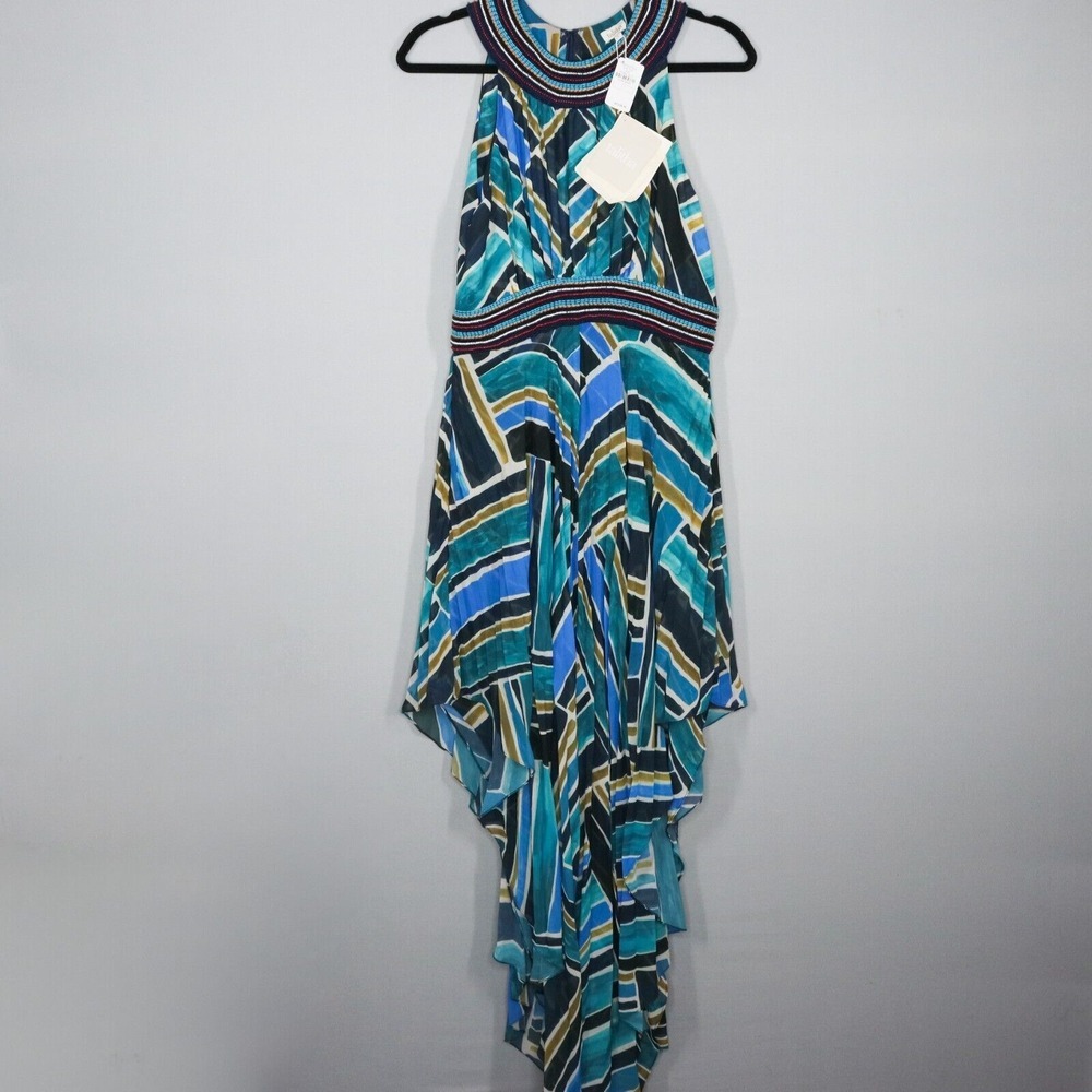 Talitha Maxi Dress Large Sleeveless Halter Painted Print Handkerchief Hem Blue